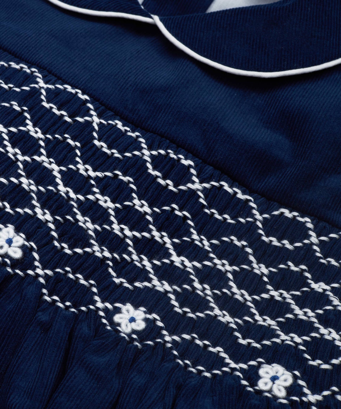 Navy Corduroy Smocked Puff Sleeve Dress