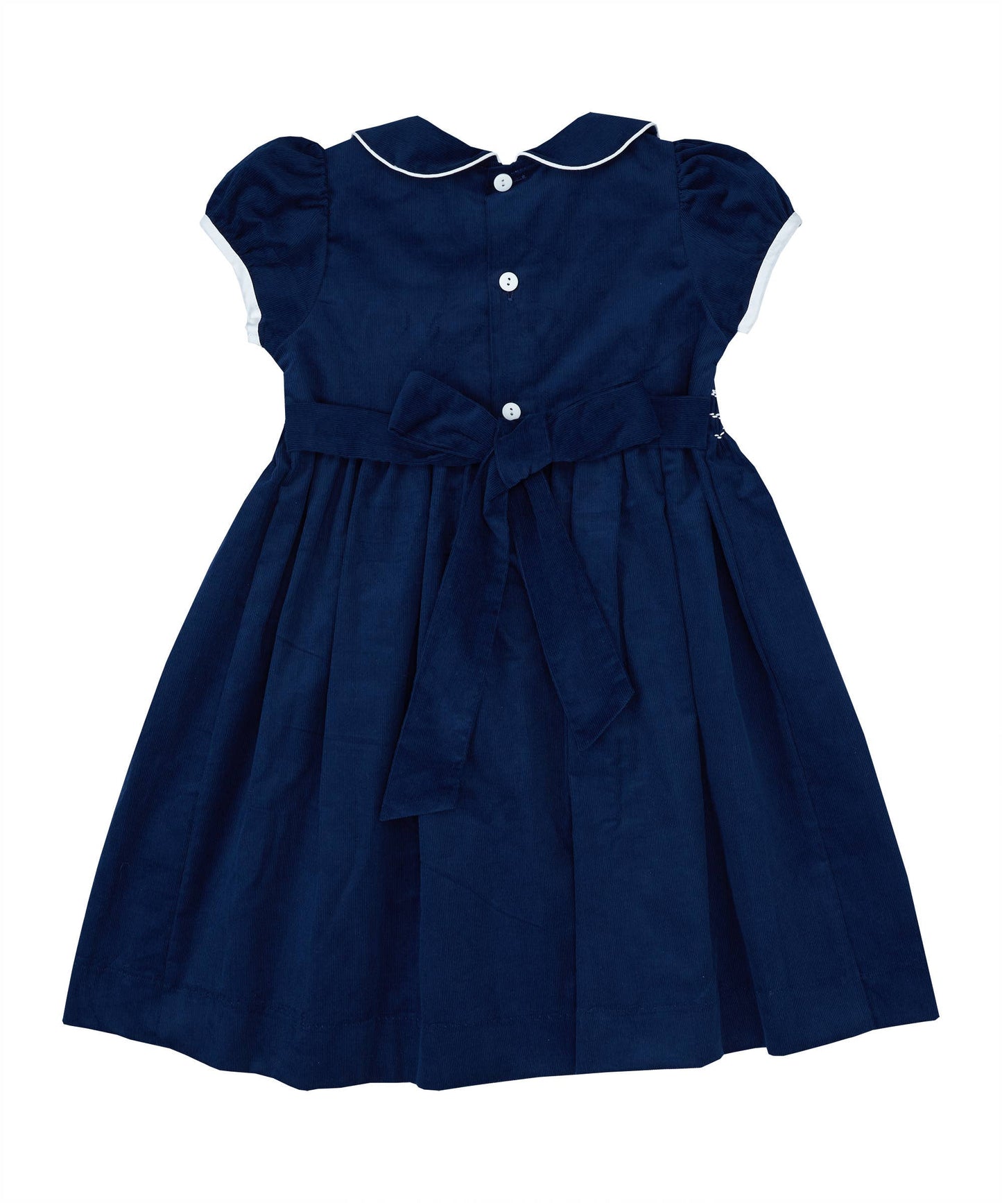 Navy Corduroy Smocked Puff Sleeve Dress