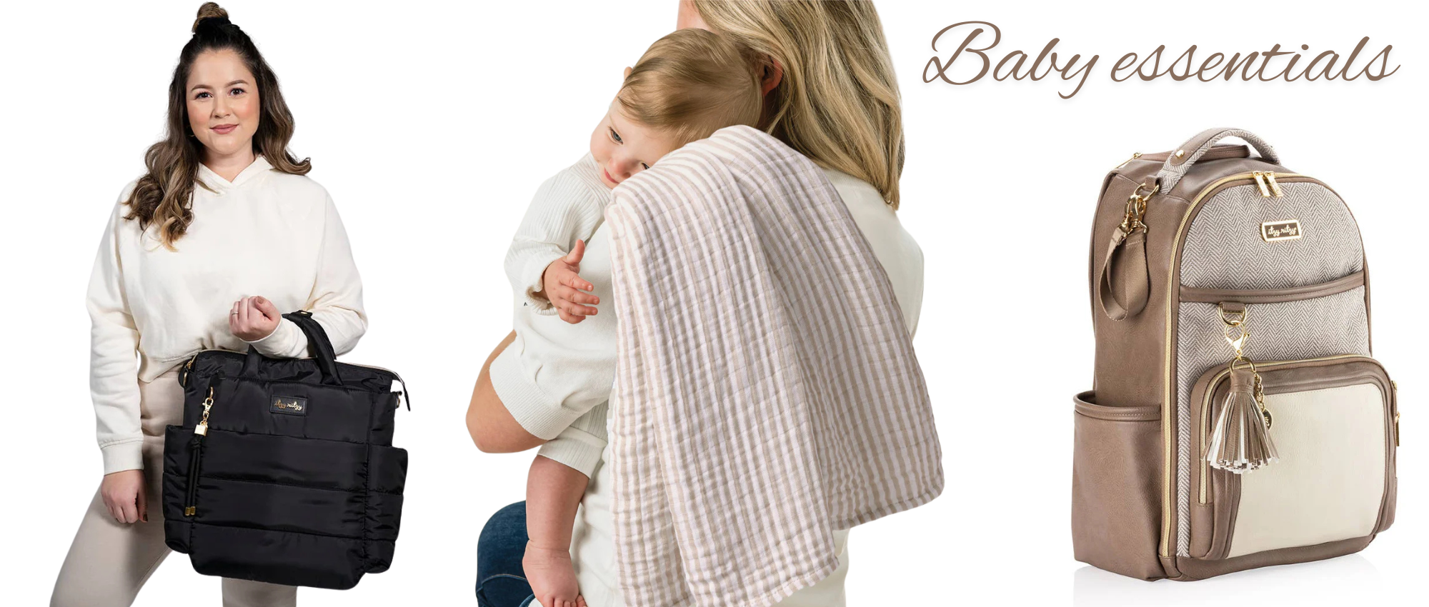 Woman holding a black diaper bag, another woman with a baby using a carrier, and a beige backpack labeled 'Baby essentials'.