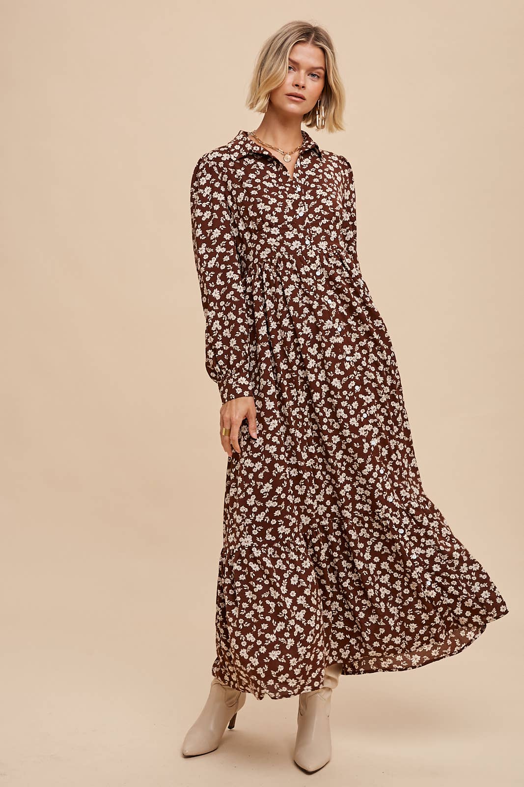 Mocha Floral Collar Button Down Maxi Dress