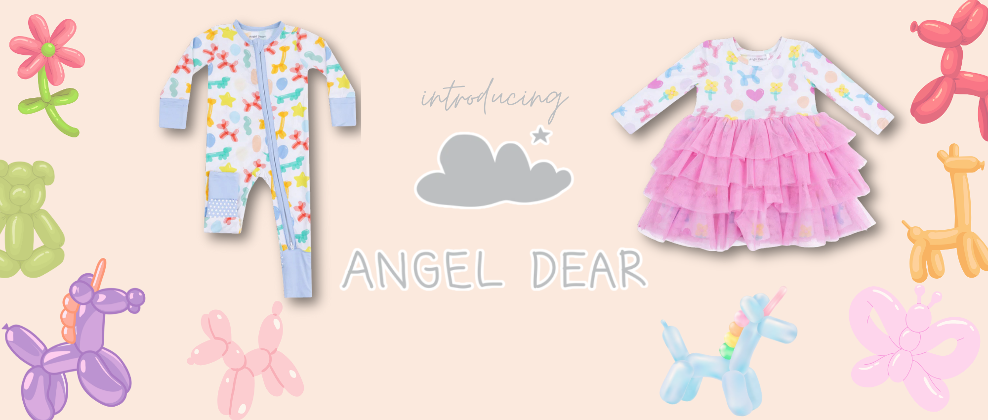 Children's clothing and toys with 'Angel Dear' branding on a light pink background.