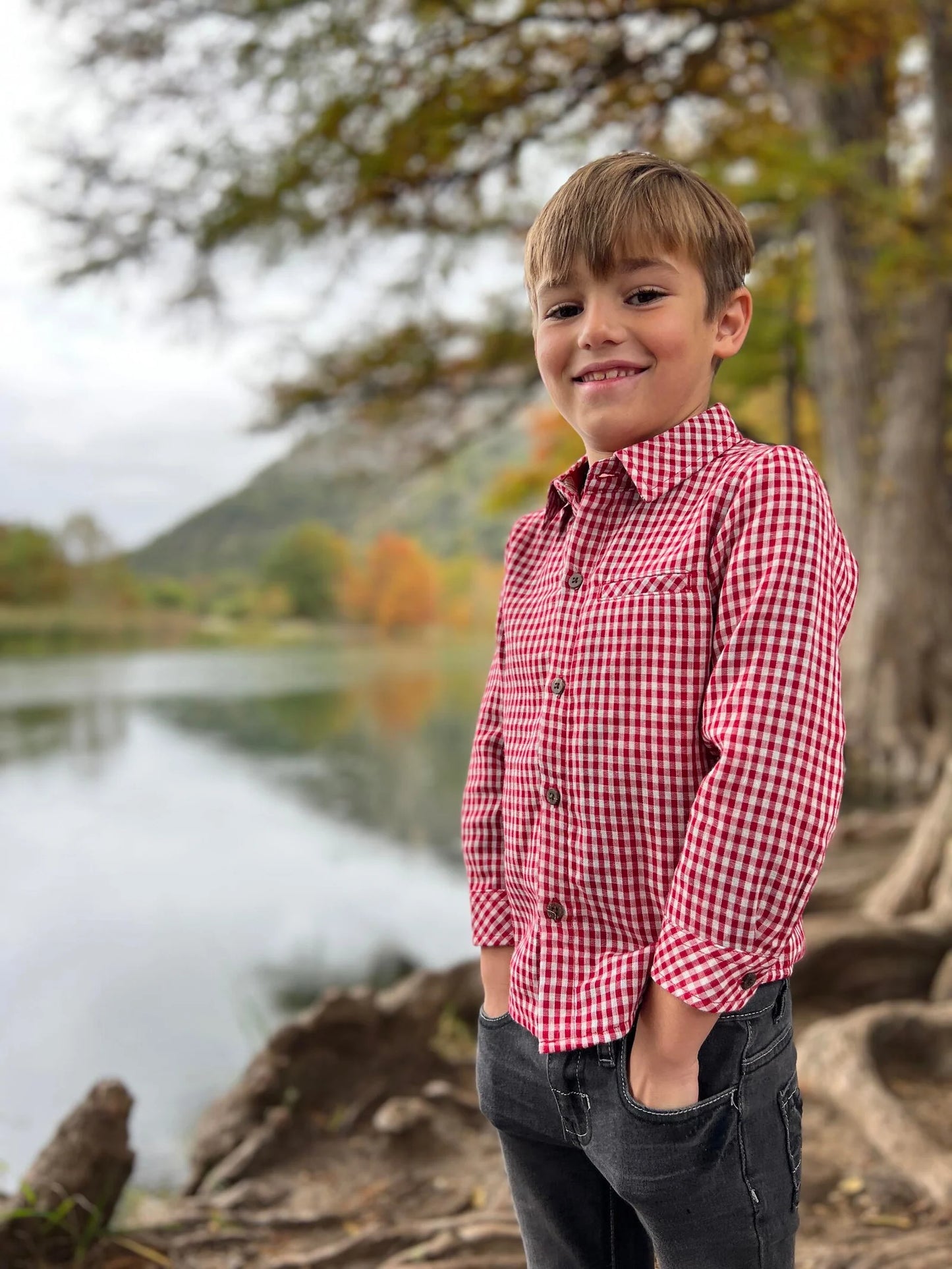 Red Micro Plaid Button Up