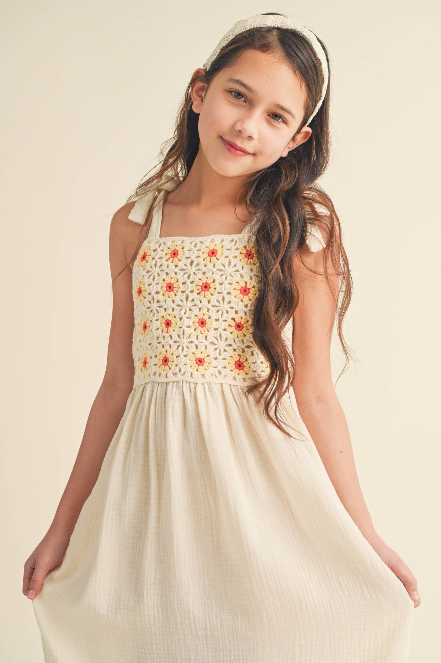 Tween Girls Crochet Floral Midi Dress