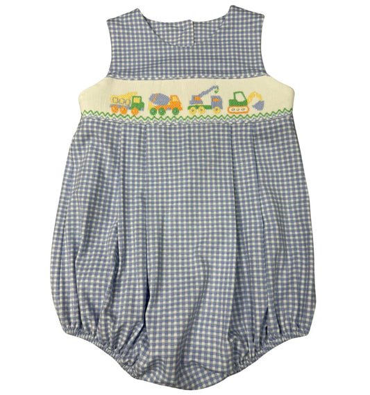 Baby romper with blue checkered pattern and train design on a white background