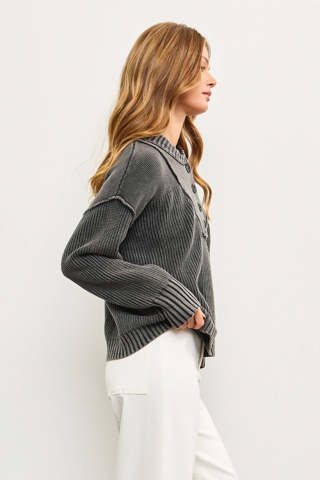 Charcoal Button Up Knit Top