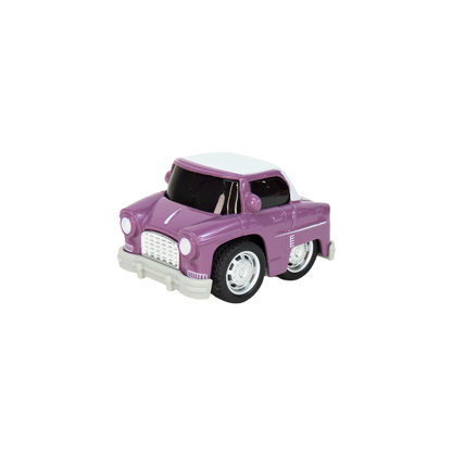 Toy car with a purple body and white roof on a white background