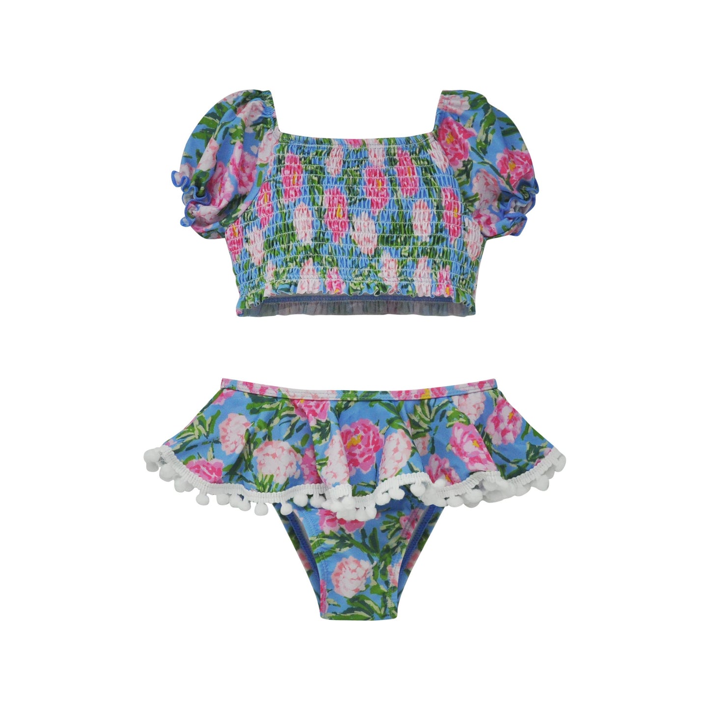 Peony Patch Two Piece Smocked Pom-Pom Swimsuit