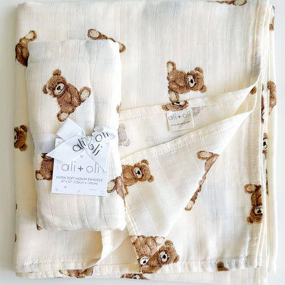 Teddy Muslin Swaddle Blanket