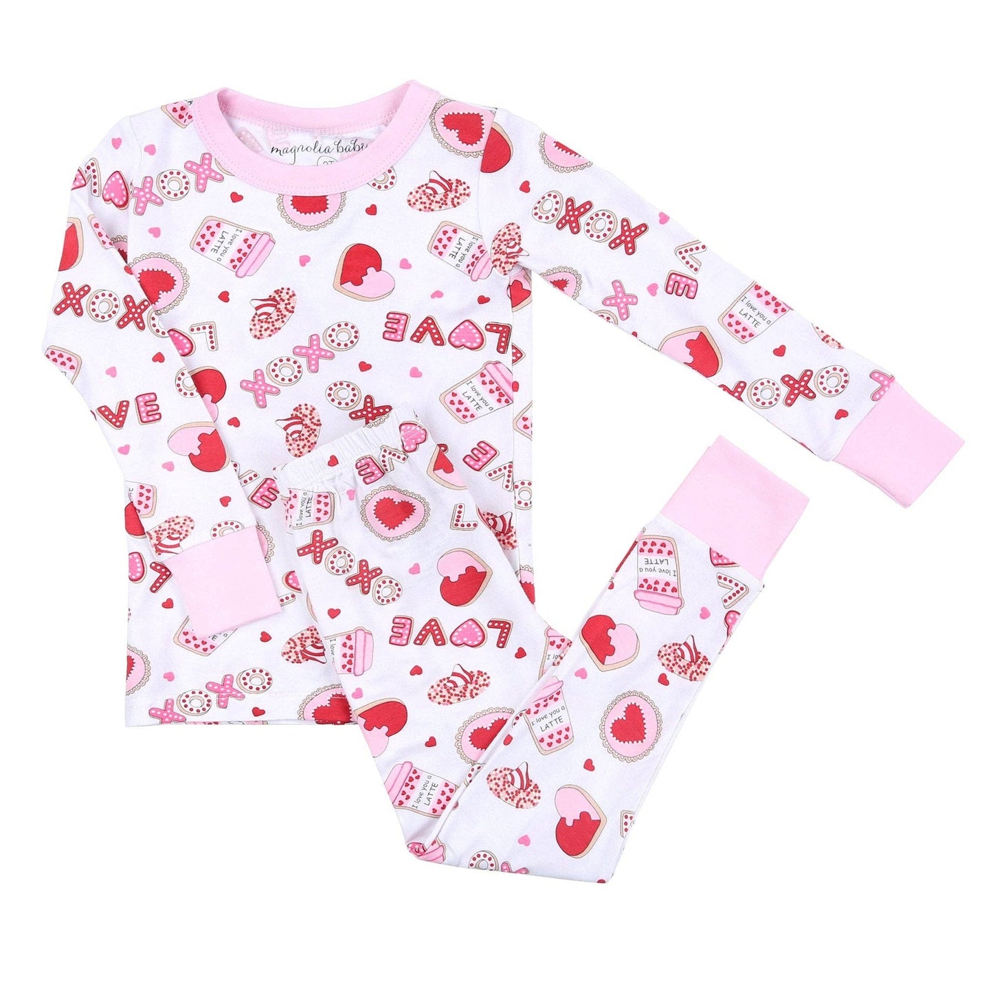 Children's pajama set with heart and candy pattern on a white background