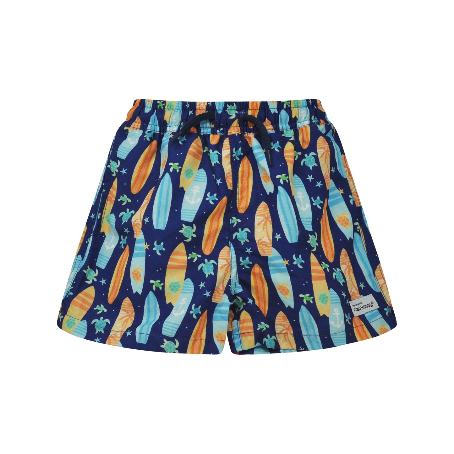 Navy blue shorts with surfboard and turtle pattern on a white background