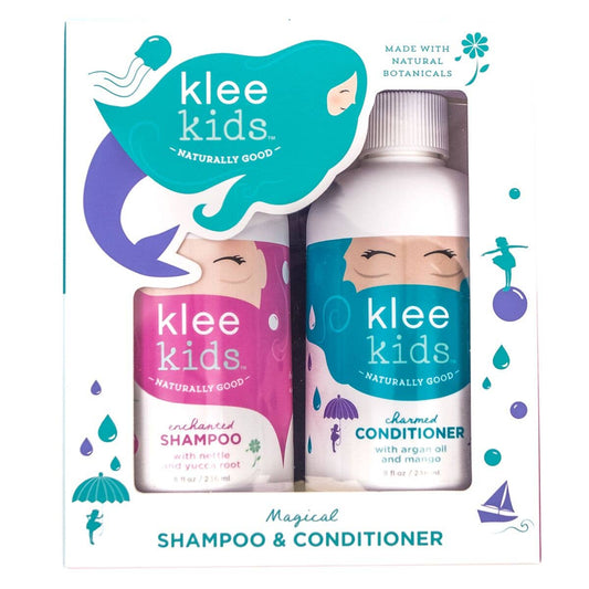Klee Kids shampoo and conditioner bottles on a white background
