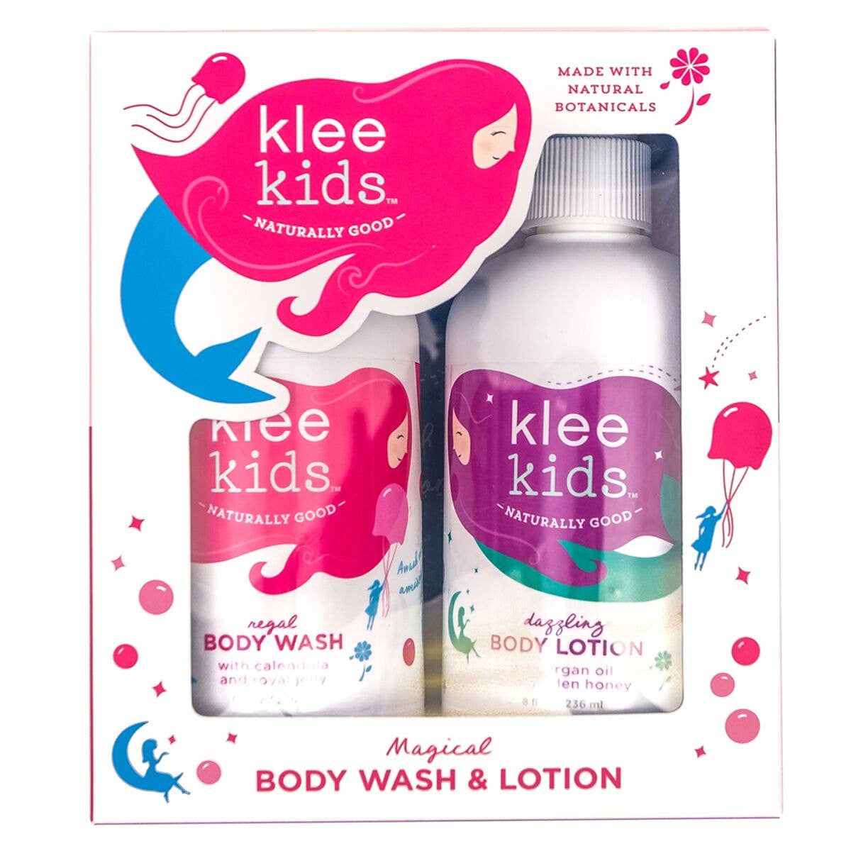 Klee Kids body wash and lotion set with packaging on a white background