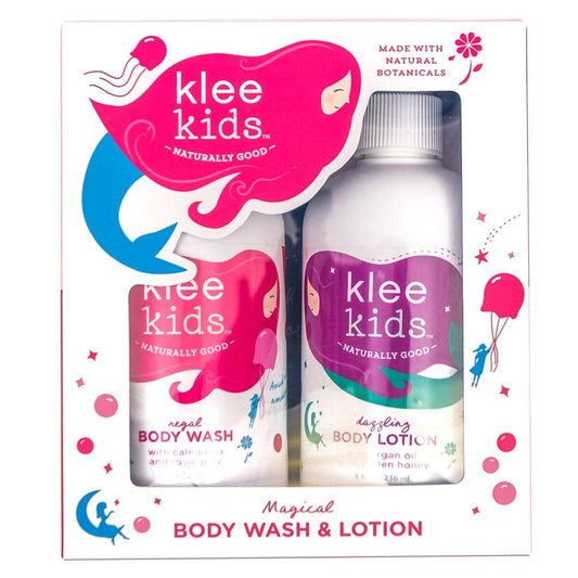 Klee Kids body wash and lotion set with packaging on a white background