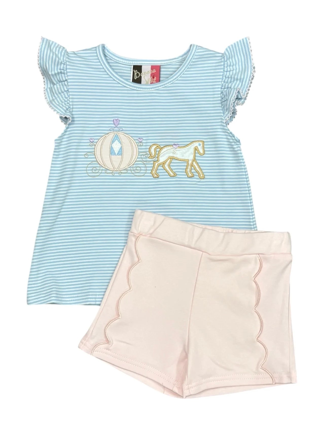 Light blue striped top with horse and carriage design and pink shorts on a white background