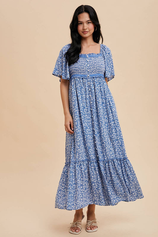 French Blue Flutter Sleeve Smocked Maxi
