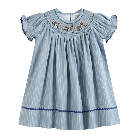 Blue Pinstripe Mallard Duck Smocked Bishop Dress