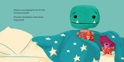 Illustration of a dinosaur in bed with a teddy bear, on a teal background with stars.