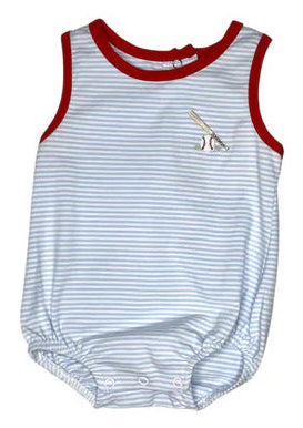 Striped baby romper with red trim on a white background