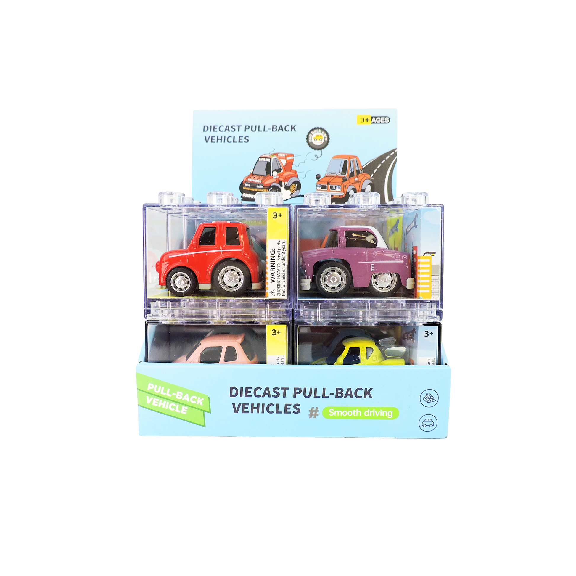Packaged set of diecast pull-back vehicles with colorful cars on a white background