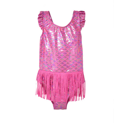Shiny Pink Scales Fringe Swimsuit
