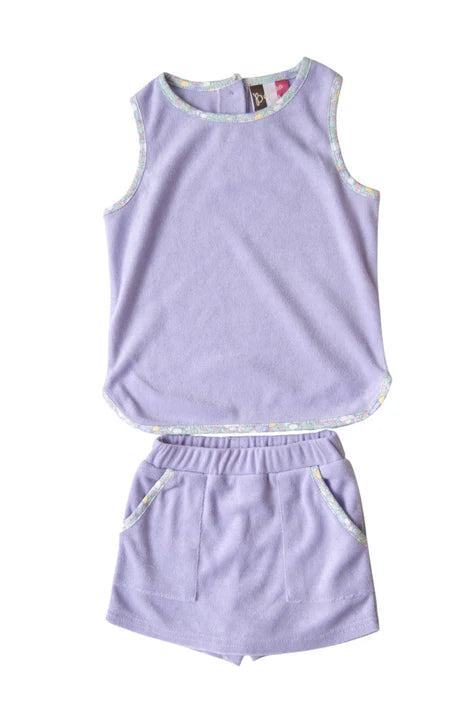 Lavender sleeveless top and shorts set on a white background