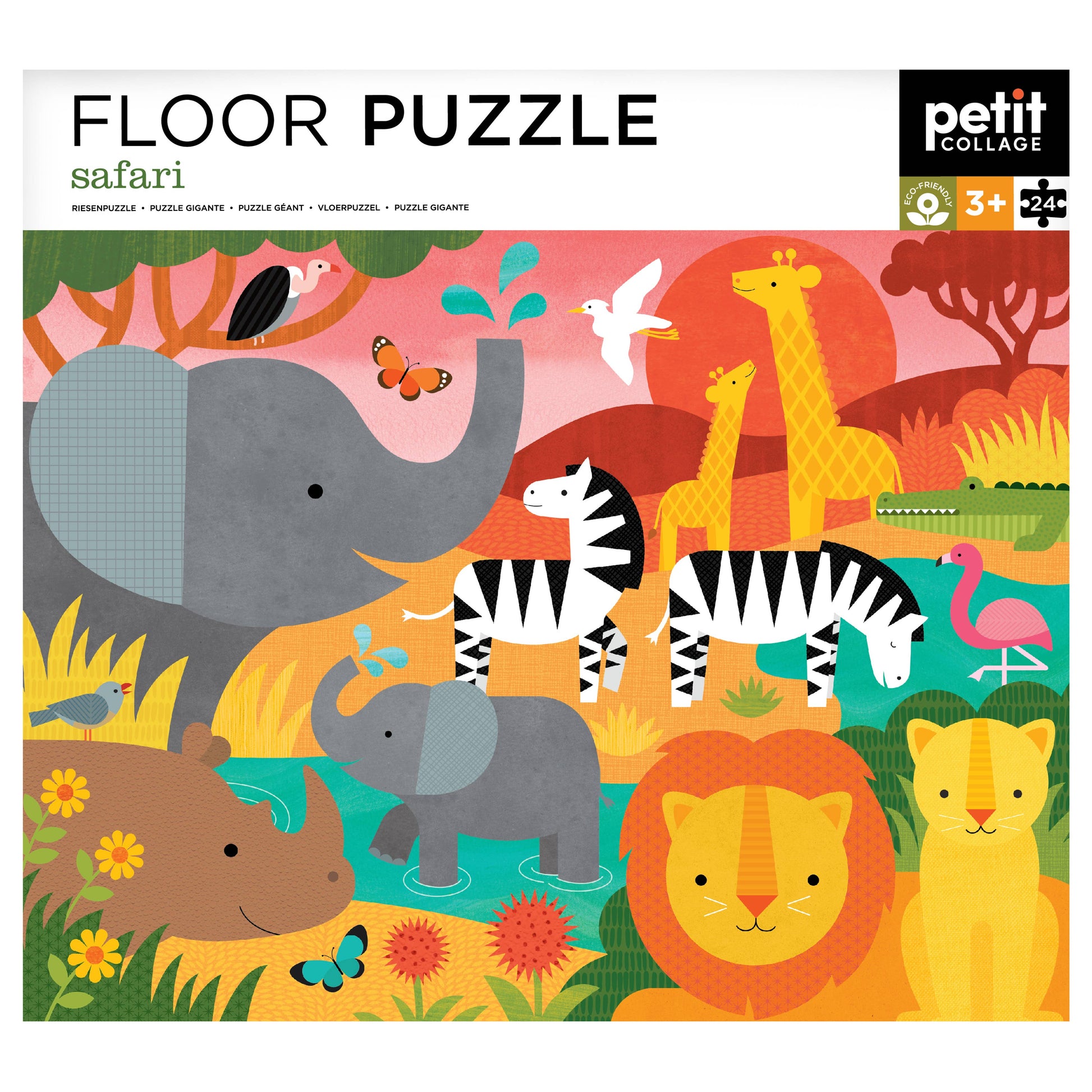 Packaging of a floor puzzle with safari animals illustration, featuring Petit Collage branding.