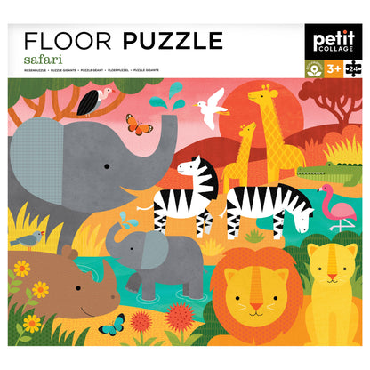 Packaging of a floor puzzle with safari animals illustration, featuring Petit Collage branding.