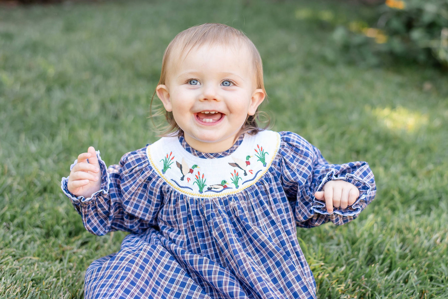 Blue Flannel Plaid Mallard Smocked Bishop Dress