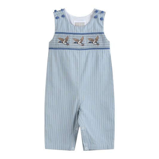 Blue Pinstripe Mallard Duck Smocked Overalls