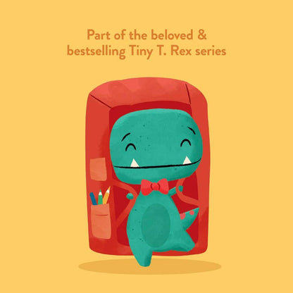 Cartoon dinosaur with a red backpack on a yellow background, part of the Tiny T. Rex series.