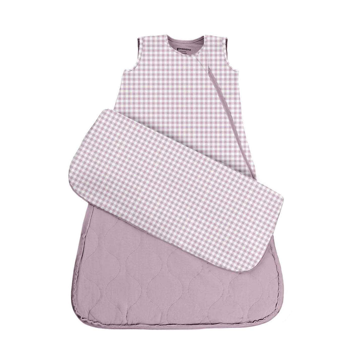 Purple checkered baby sleeping bag on a white background