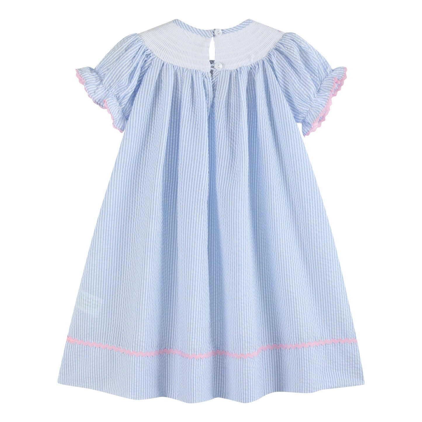 Blue Seersucker Bow Smocked Bishop Dress