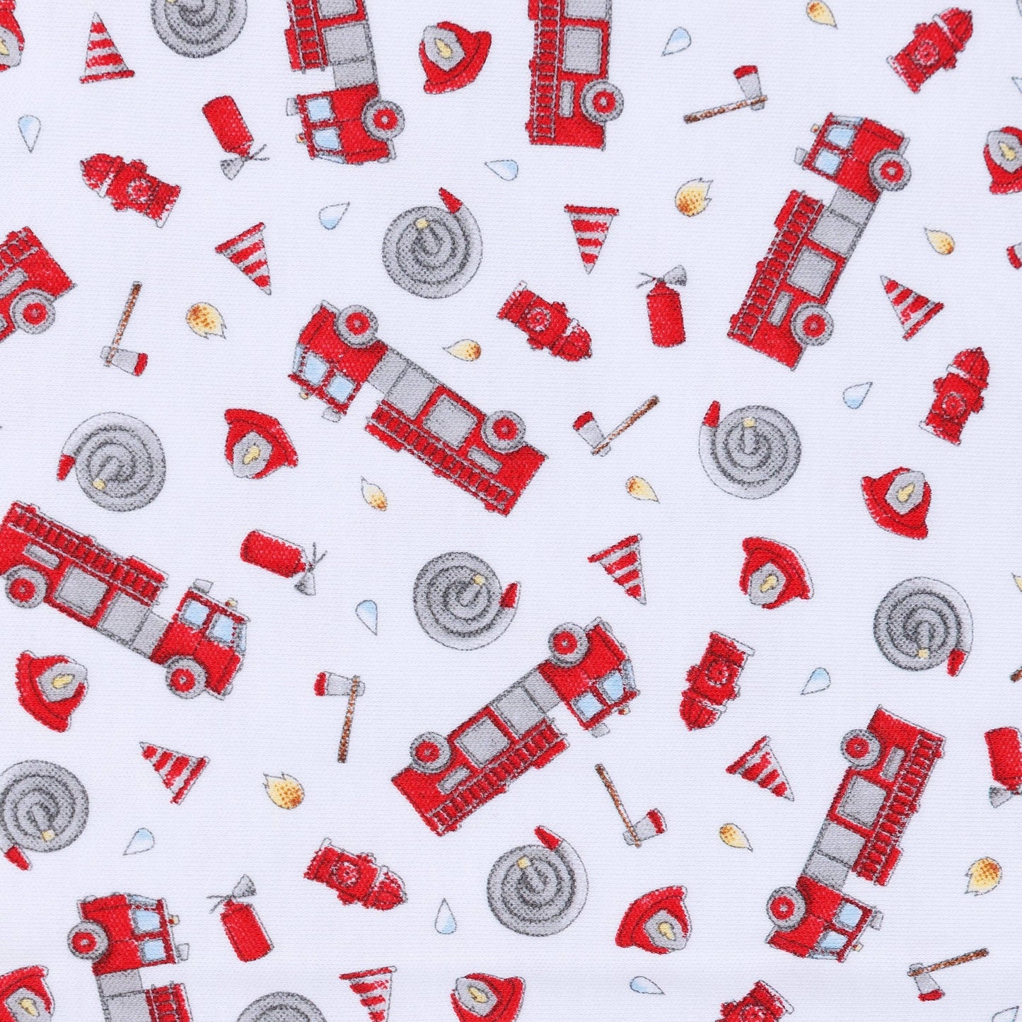 Pattern of red fire trucks and firefighting equipment on a white background