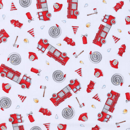 Pattern of red fire trucks and firefighting equipment on a white background