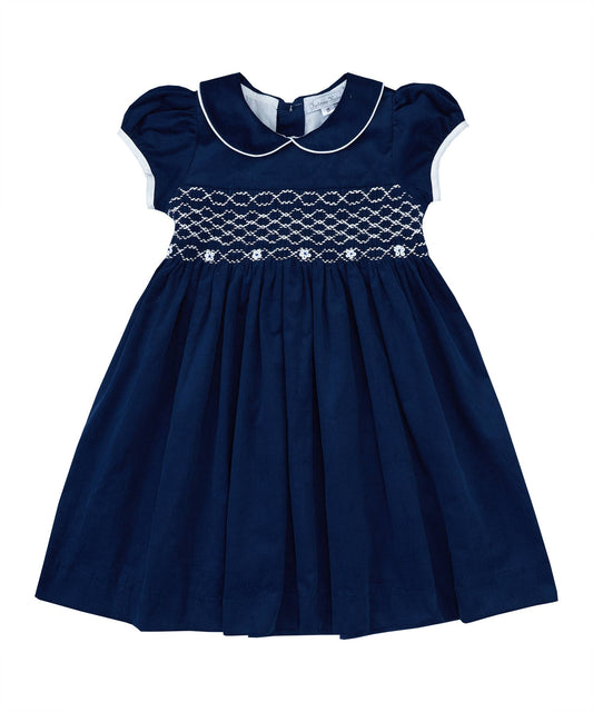 Navy Corduroy Smocked Puff Sleeve Dress