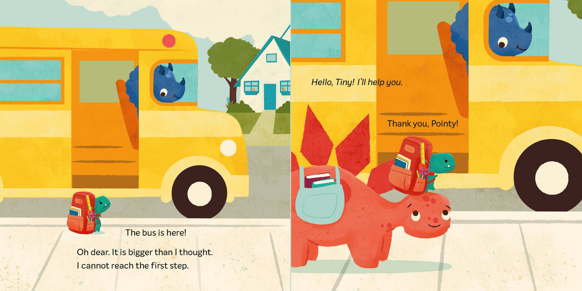 Illustration of a yellow bus with a character inside, accompanied by a smaller character outside, on a white background.