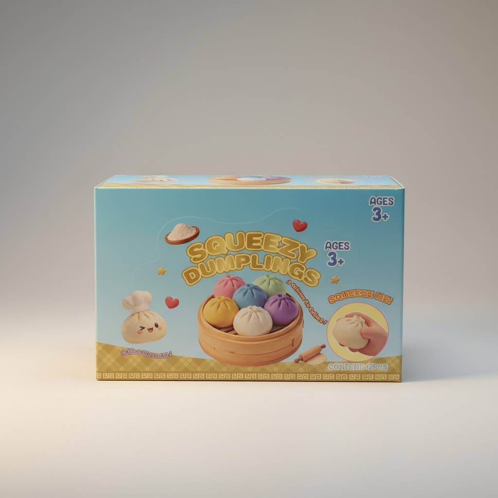 Box of Squeezy Dumplings toy set on a gray background