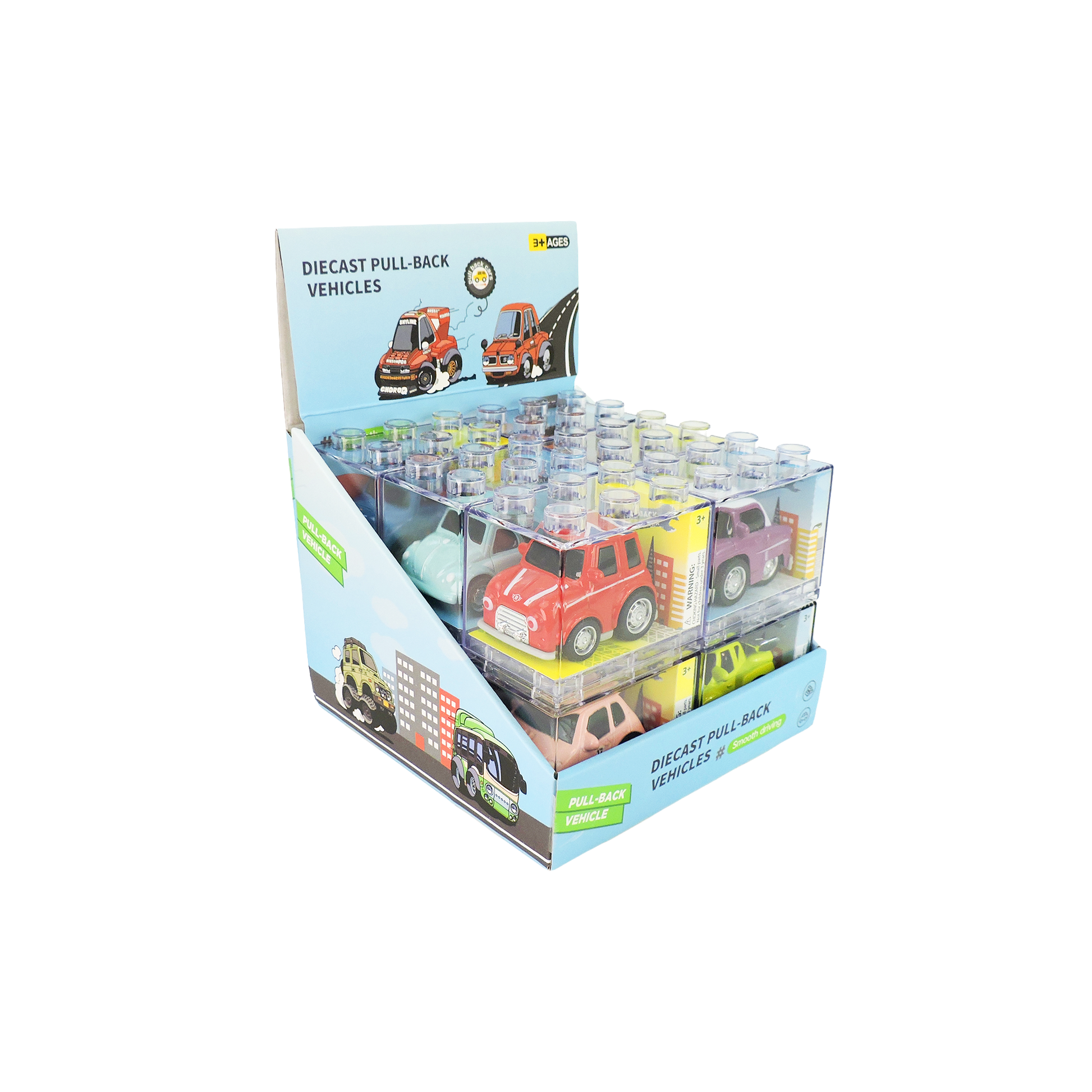 Display box of diecast pull-back vehicles with clear plastic packaging on a white background
