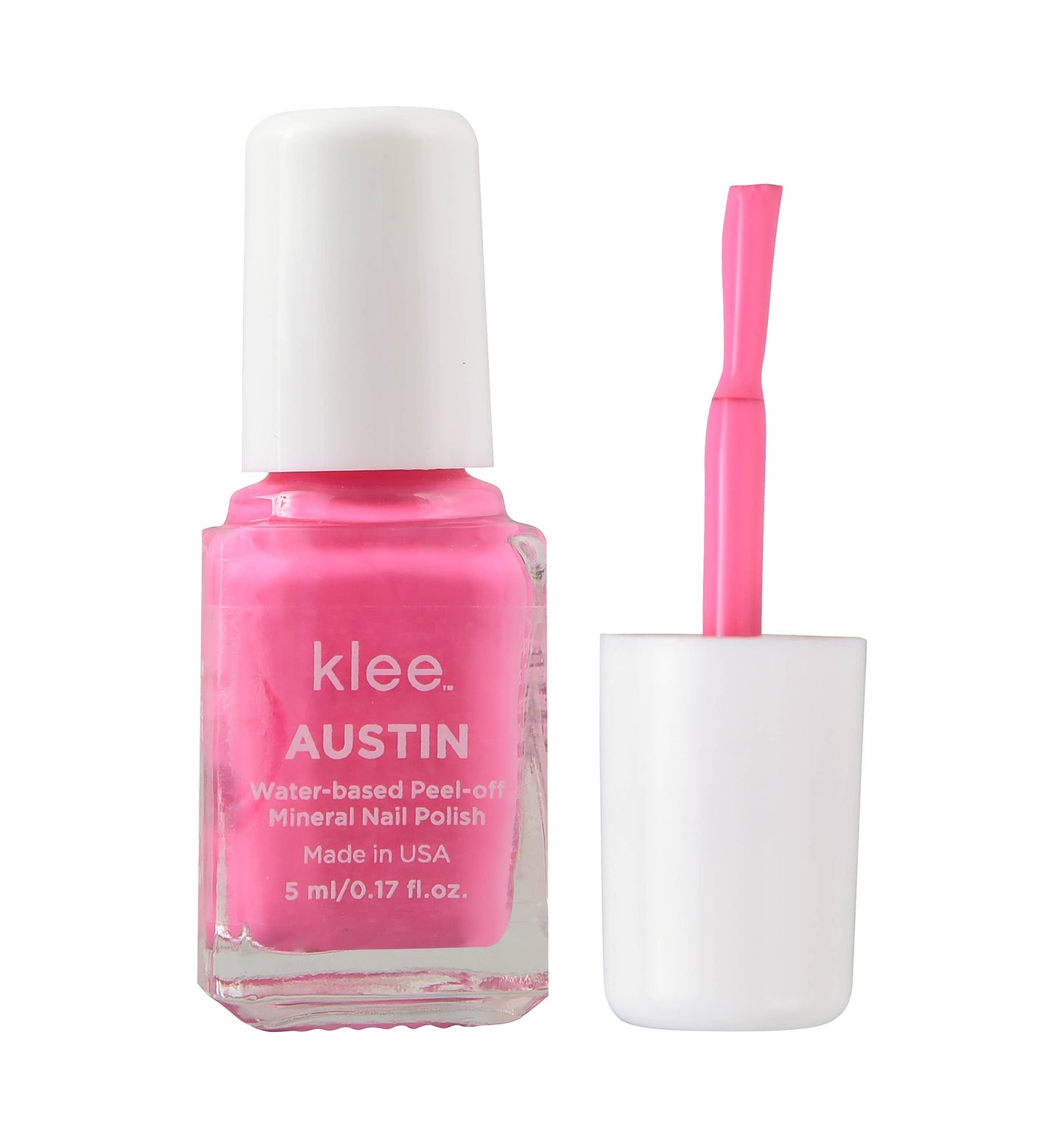 Pink nail polish bottle with applicator on a white background, featuring the brand 'klee'.