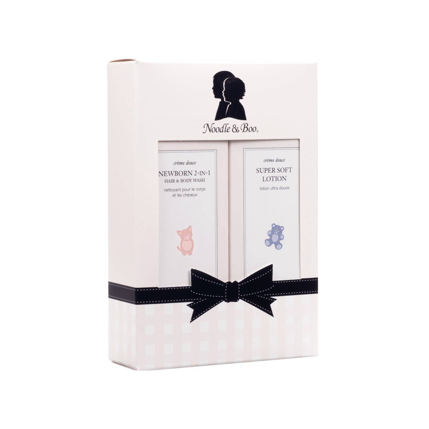 Noodle & Boo baby product set packaging with two bottles and a black bow on a white background