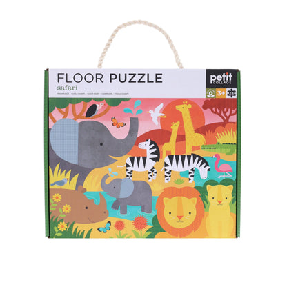 Colorful packaging of a floor puzzle with animal illustrations on a white background