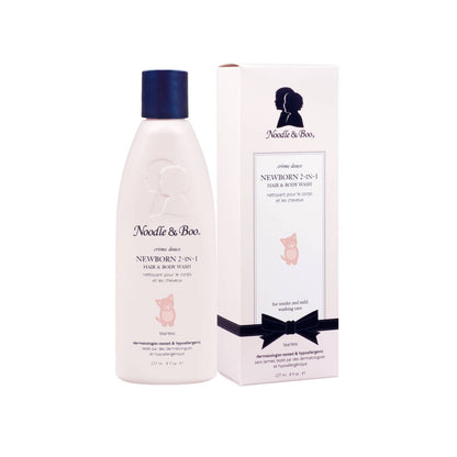 Noodle & Boo newborn 2-in-1 hair & body wash bottle and packaging on a white background