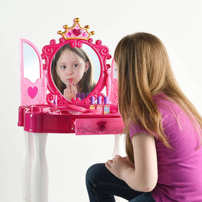 Pretend Play Girls Vanity Set with Mirror and Stool 21 PCS