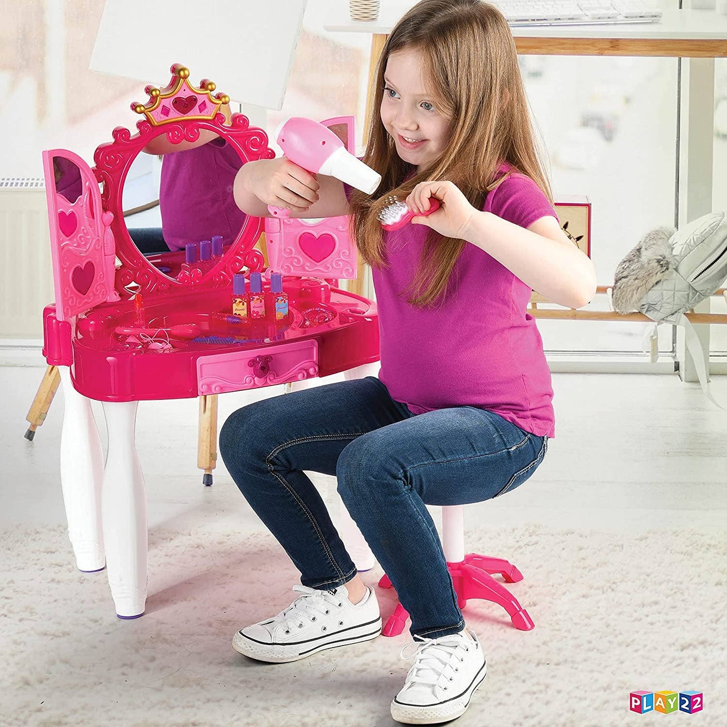 Pretend Play Girls Vanity Set with Mirror and Stool 21 PCS
