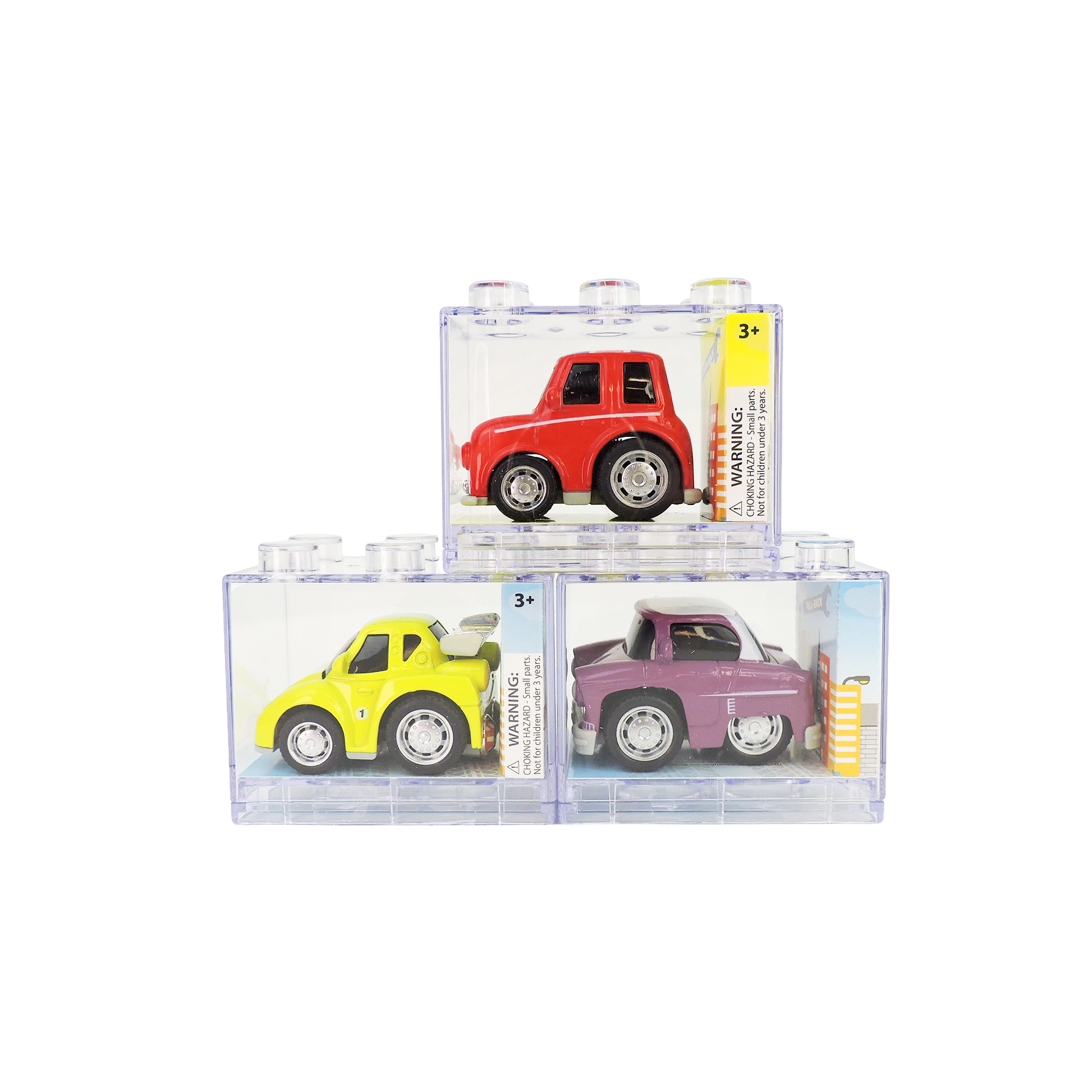Set of toy cars in clear packaging on a white background