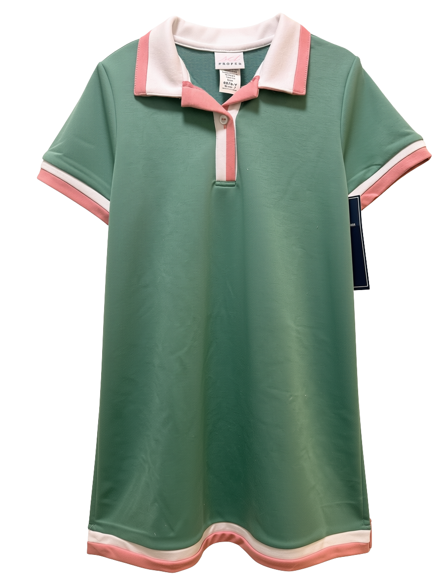 A green short-sleeve polo shirt with pink and white trim on the collar, placket, and sleeve cuffs, shown flat against a white background.