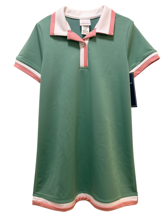 A green short-sleeve polo shirt with pink and white trim on the collar, placket, and sleeve cuffs, shown flat against a white background.