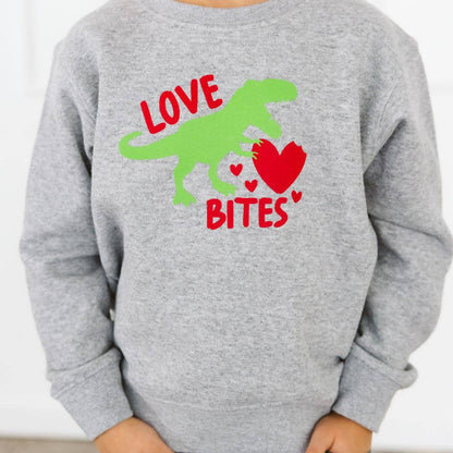 Gray sweatshirt with a green dinosaur, red hearts, and text on a white background
