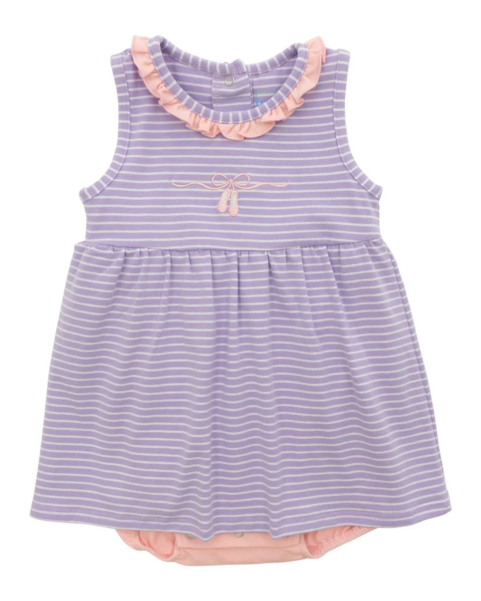 Purple striped dress with pink trim on a white background