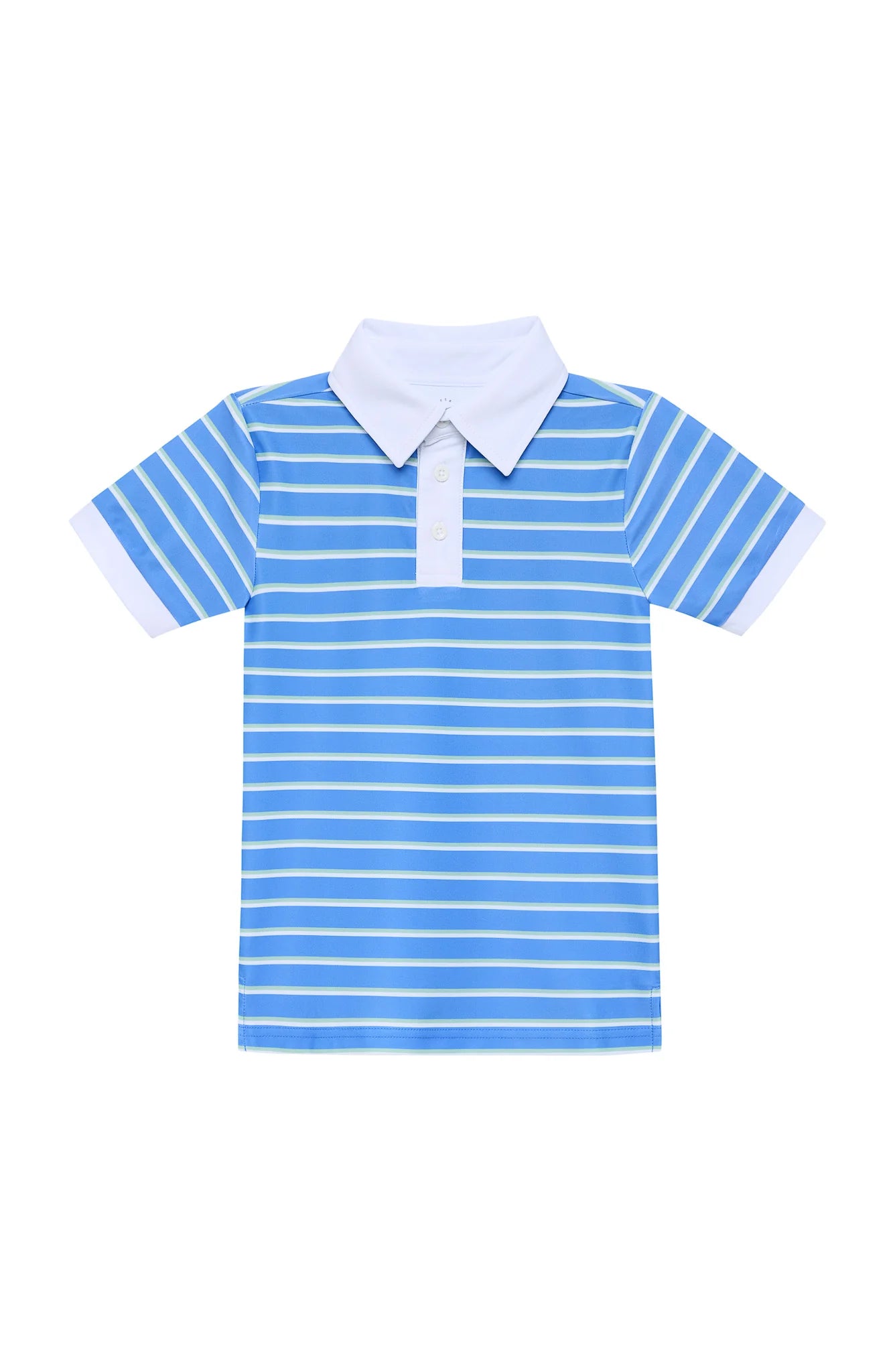 Blue and white striped polo shirt with a white collar on a white background